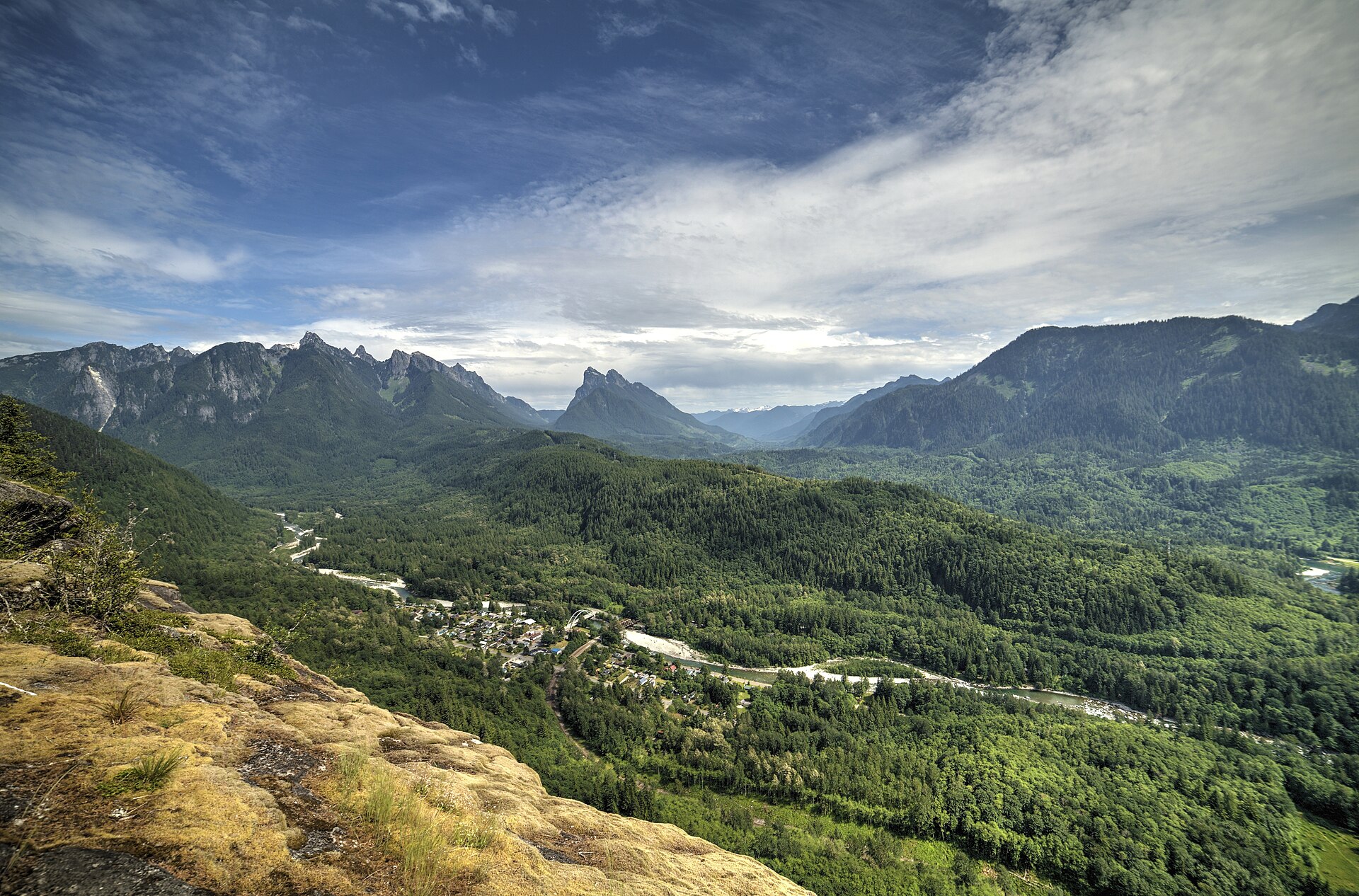 The town of Index, Washington, beneath the peaks of the Cascades
