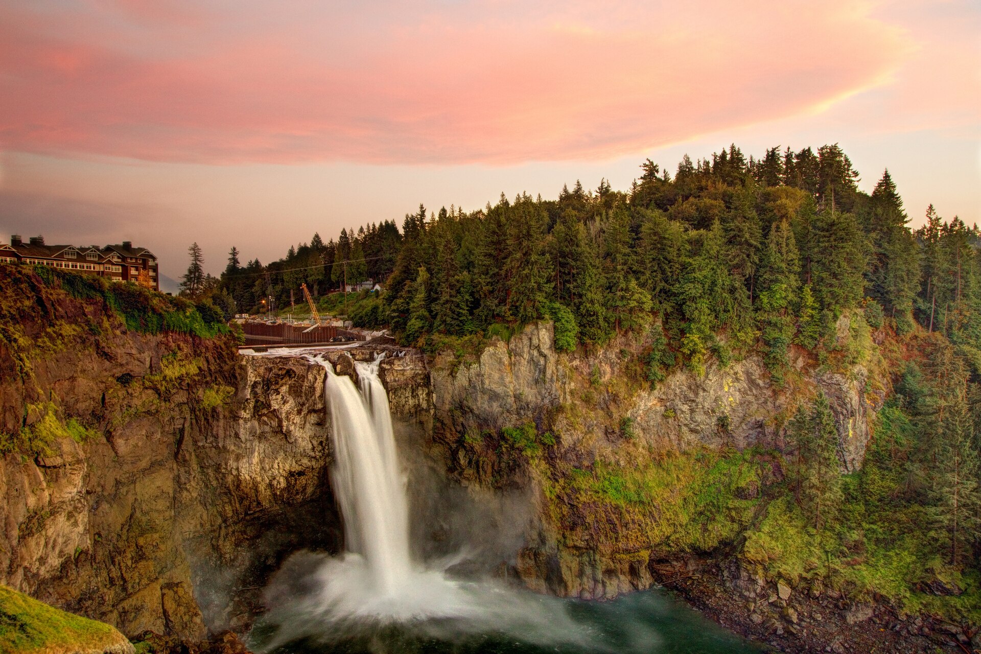 Snoqualmie Falls, Washington, plunging into a misty gorge